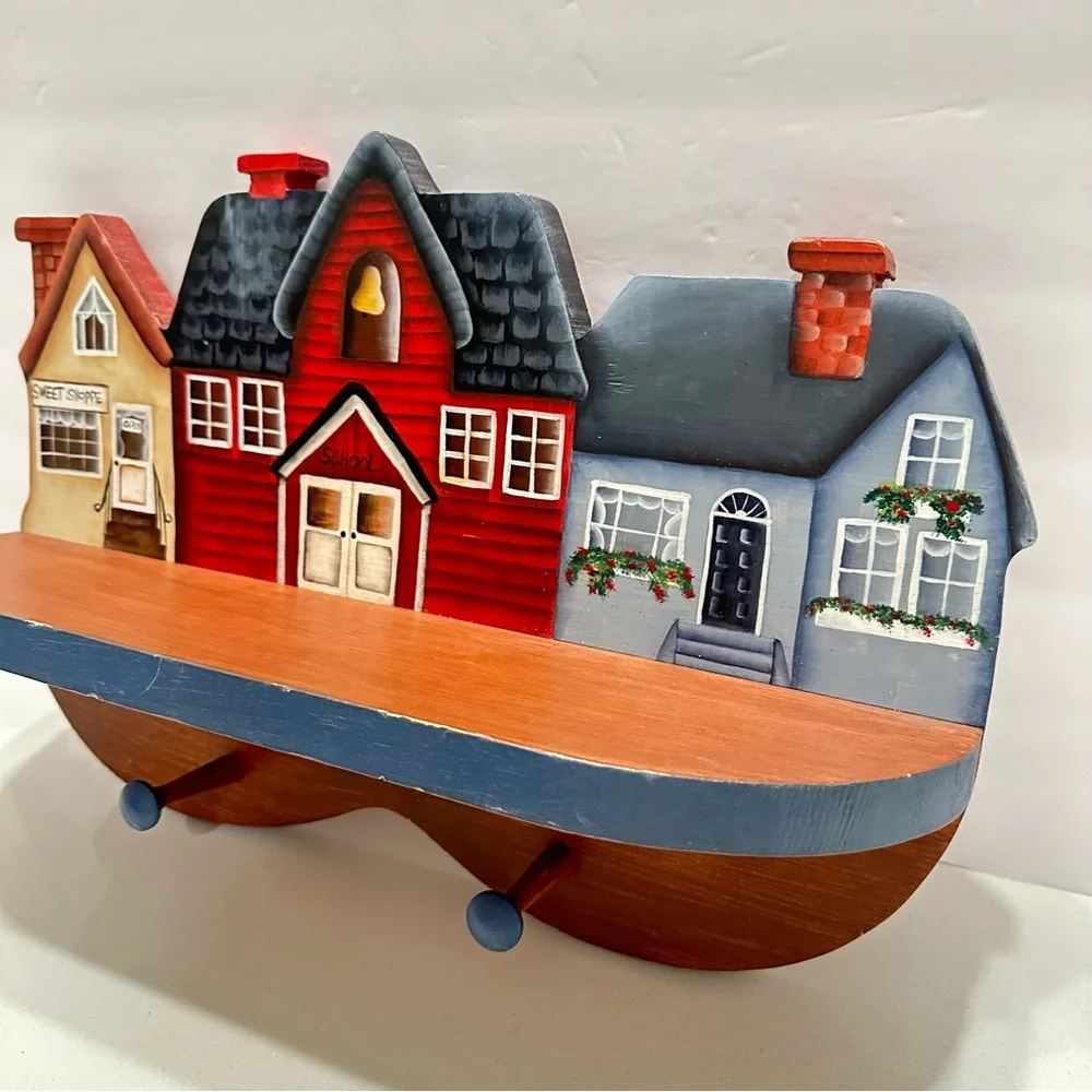 Vintage Cottagecore Village Scene‎ Wooden Wall Shelf Hooks Heart Hand Crafted